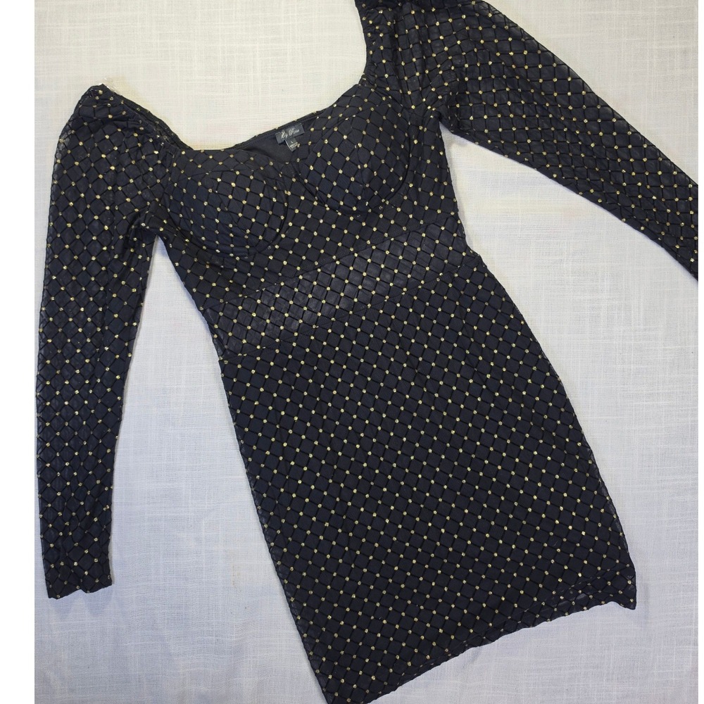 Lily Rose Black Gold Glitter Polka Dot Mesh Bodycon Mini Dress Long Sleeve L
